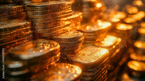 Dramatic scene showing towering stacks of gold coins and bundles of US dollars glowing under golden light photo