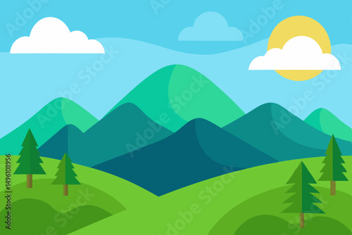 Simple Flat Design Nature Landscape Background with Rolling Hills Vector Illustration Background