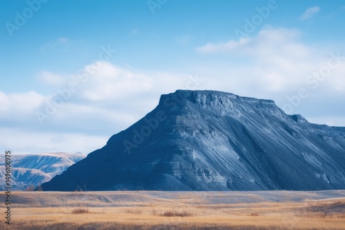 large pile of mined coal sits starkly against arid landscape under clear sky
