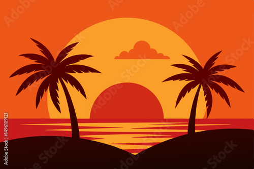 Stunning Sunset Over Tropical Paradise Island Summer Vector Illustration Background