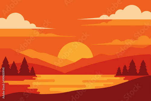 Peaceful Warm Sunset Sky Reflecting Over Still Lake Background Vector Illustration Background