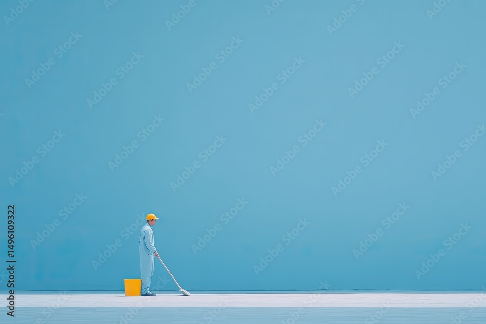 Fototapeta premium lone janitor sweeping floor in empty hallway showcasing his dedication to cleanliness