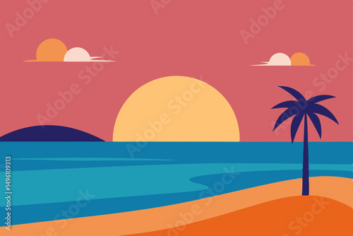 Clean Minimalist Beach Sunset Summer Scene Vector Illustration Background
