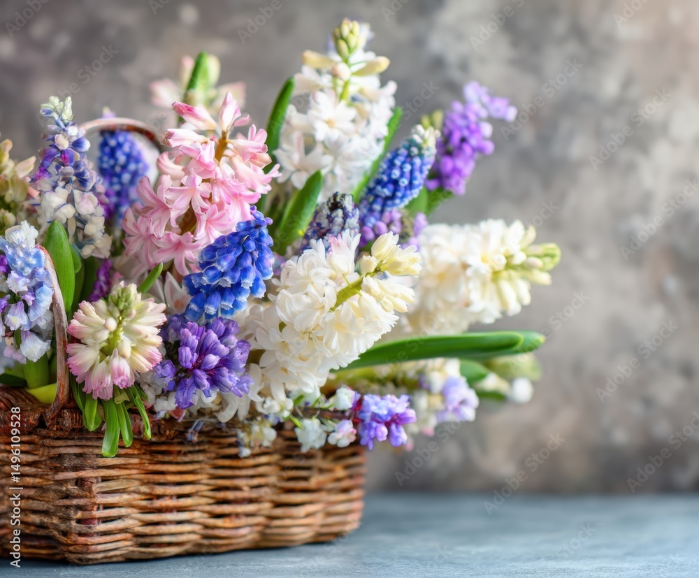 Blooming hyacinths and muscari in a basket with space for text. Blooming hyacinths and muscari in a basket with space for text.