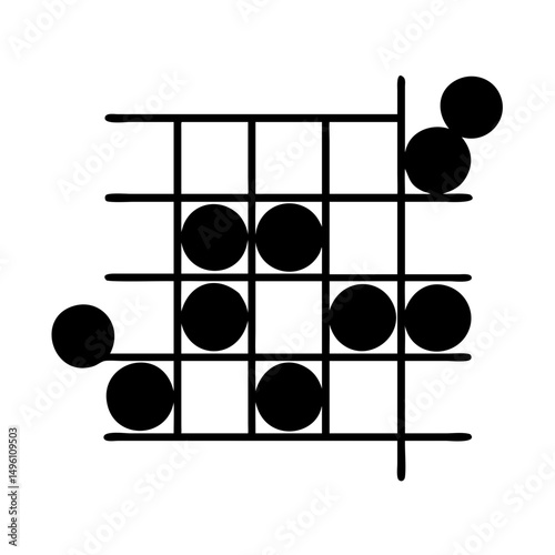 Learn to play go game diagram example with black stones on grid for strategy and tactics study