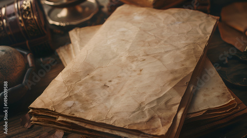A stack of aged parchment papers with visible creases and stains on a dark wooden surface setting