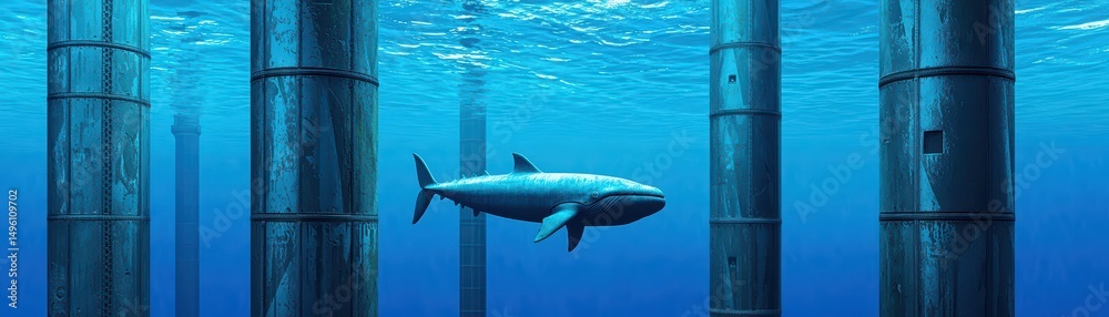Obraz premium Underwater Scene Featuring a Fish Swimming Amongst Tall Columns Beneath a Clear Ocean Surface