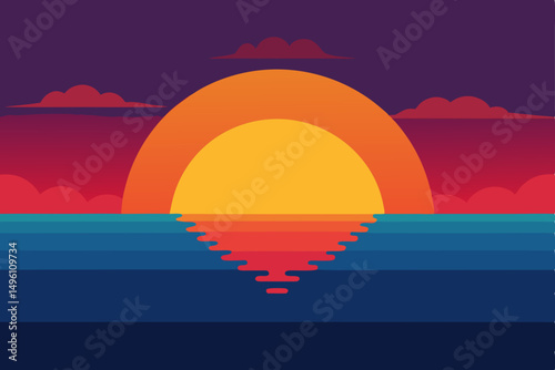 Vibrant Sunset Over Endless Ocean Horizon in Ultra HD Vector Illustration Background