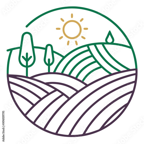 Outline Of Fields With Hills And Sun  Countryside  (3)