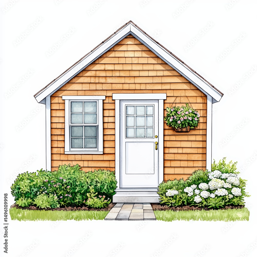 Fototapeta premium Charming Orange House with White Trim and Flower Pots Surrounded by Lush Greenery and Garden Pathway
