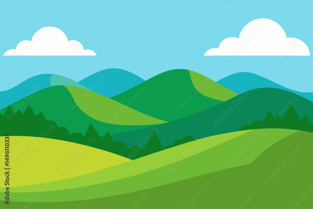 Obraz premium Picturesque Rolling Green Hills Landscape Scenic Background Vector Illustration Background