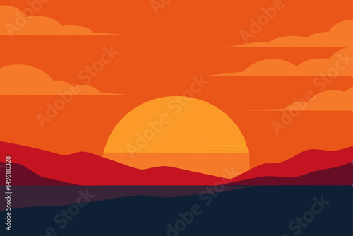 Warm Orange Sky at Dusk Reflecting Over Calm Water Wallpaper Vector Illustration Background