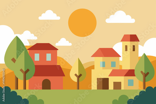Charming Scenic Anime Town with Lush Trees and Bright Sunlight Vector Illustration Background