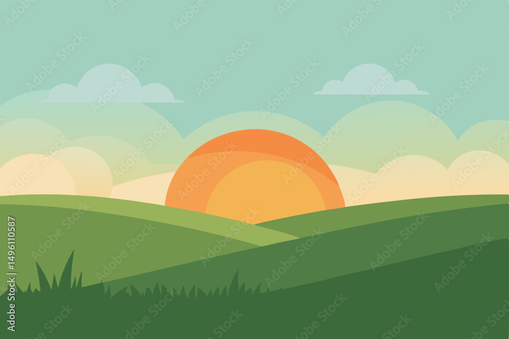 Fototapeta premium Gentle Soft Sunrise Light Illuminating Green Grass Field Vector Illustration Background