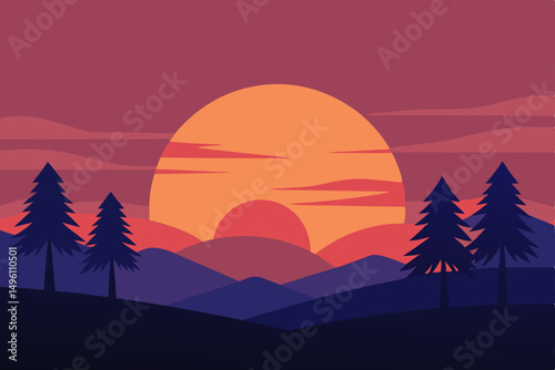 Tranquil Peaceful Sunset Scene with Silhouetted Trees Wallpaper Vector Illustration Background