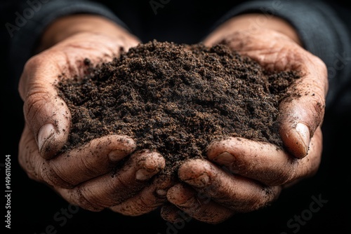 Hands Holding Dark, Rich Soil Ready for Planting; Farmer's Dirty Hands Carry Soil for Sowing Seeds, Gardening
