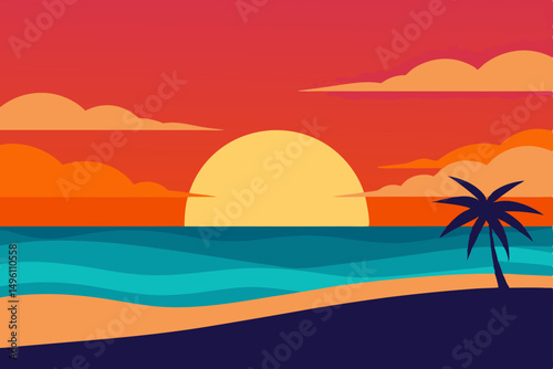 Peaceful Serene Beach Sunset Over Calm Ocean Wallpaper Vector Illustration Background