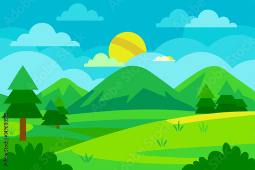 Lush Vibrant Green Outdoor Nature Scene Background Vector Illustration Background