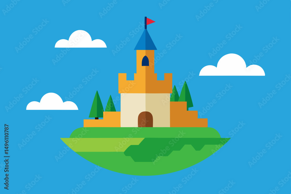 Naklejka premium Fantasy AI Generated Island with Majestic Castle and Ocean View Vector Illustration Background