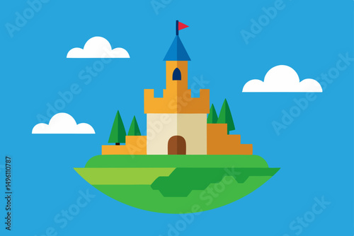 Fantasy AI Generated Island with Majestic Castle and Ocean View Vector Illustration Background