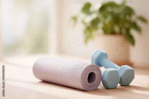 minimalistic composition featuring workout equipment neatly arranged in well-lit home gym setup