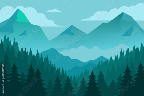 Eerie Foggy Forest Leading to Mountain Ridge 4K Wallpaper Vector Illustration Background