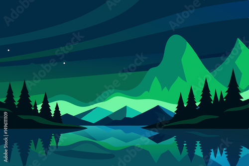 Spectacular Northern Lights Aurora Borealis Over Frozen Lake in 4K Vector Illustration Background