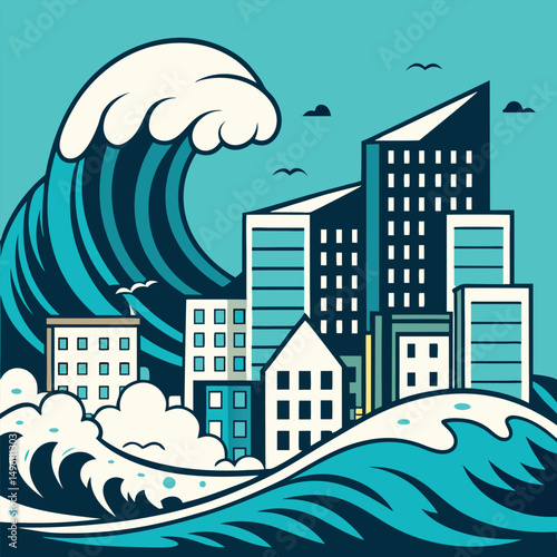 Outline Of Tsunami Or Wave Crashing On City Buildi (2)