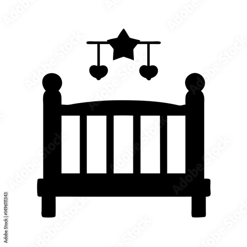 Baby crib nursery furniture with star and heart mobile vector illustration design element