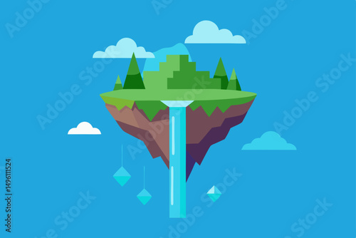 Magical Floating Island with Cascading Waterfalls in 4K Vector Illustration Background