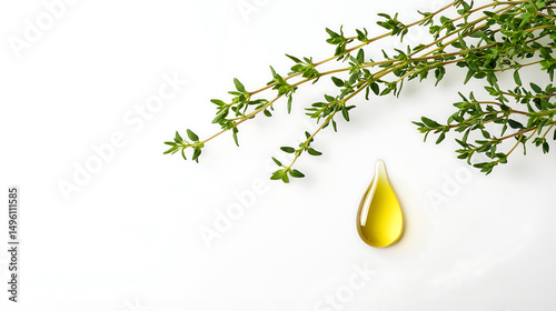 Thyme herb with oil drop on white background – natural essence concept