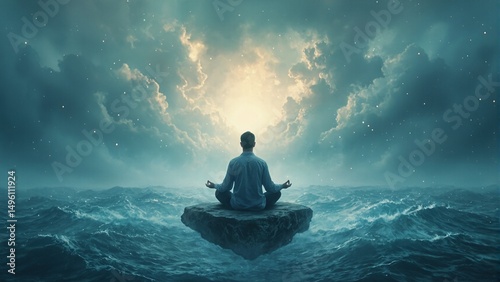 Wallpaper Mural Find peace within chaos   a man peacefully meditating on a serene island amidst turbulent waters of the mind Torontodigital.ca
