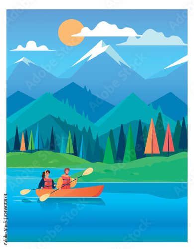 Young couple canoeing on a lake with beautiful mountains in the background
