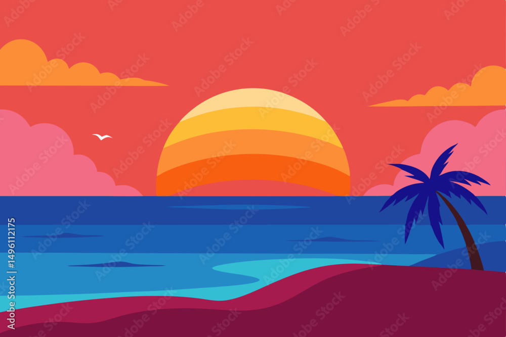 Fototapeta premium Serene Beach Sunset Scene Golden Hour Wallpaper Vector Illustration Background