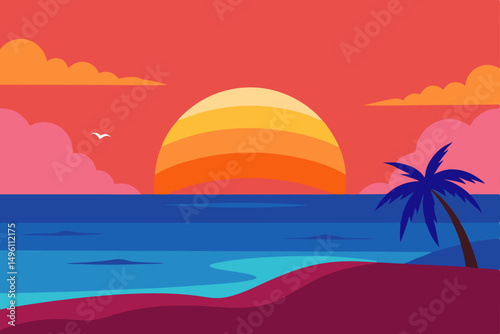 Serene Beach Sunset Scene Golden Hour Wallpaper Vector Illustration Background