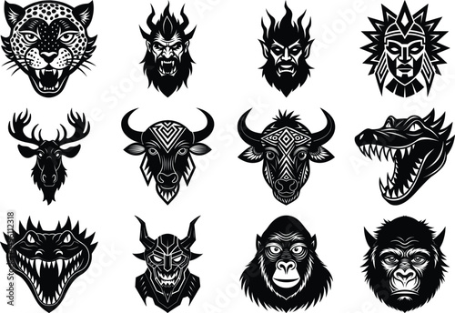 Animal Face man face Vector Silhouette Bundle – Lion, Wolf, Shark, and Fish Mask Design Set.