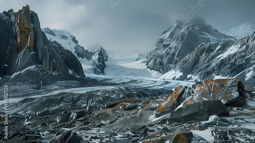 A view of a glacier valley surrounded by snow capped mountains under a cloudy sky in a remote location