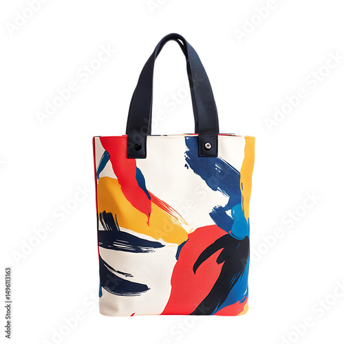 Trendy Canvas Bag with Modern Artistic Print Isolated on Transparent Background