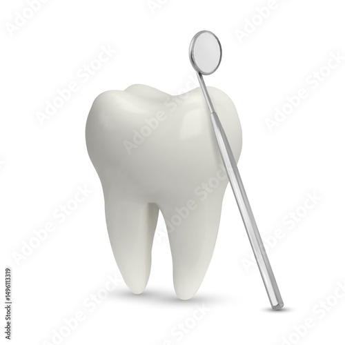 3D illustration of a tooth and dental mirror isolated on a white background. Dental care poster illustration