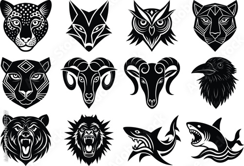 Animal Face Vector Silhouette Bundle – Lion, Wolf, Shark, and Fish Mask Design Set.