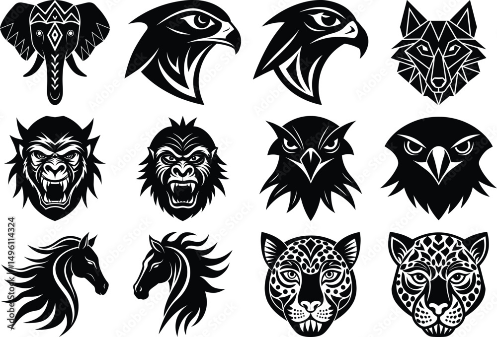Vector Animal Face Silhouette Bundle – Lion, Snake, Shark, Eagle Fish Mask Set