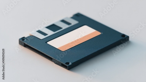single black floppy disk lies on white surface casting gentle shadow against pale background with ample copy space
