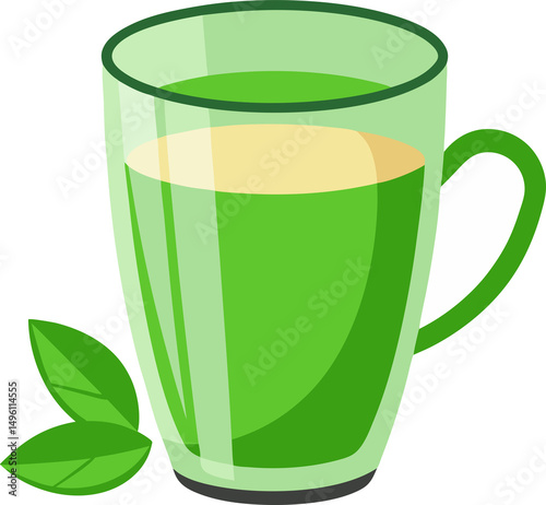 A cup of green  tea with  leaves isolated on a white or transparent PNG background