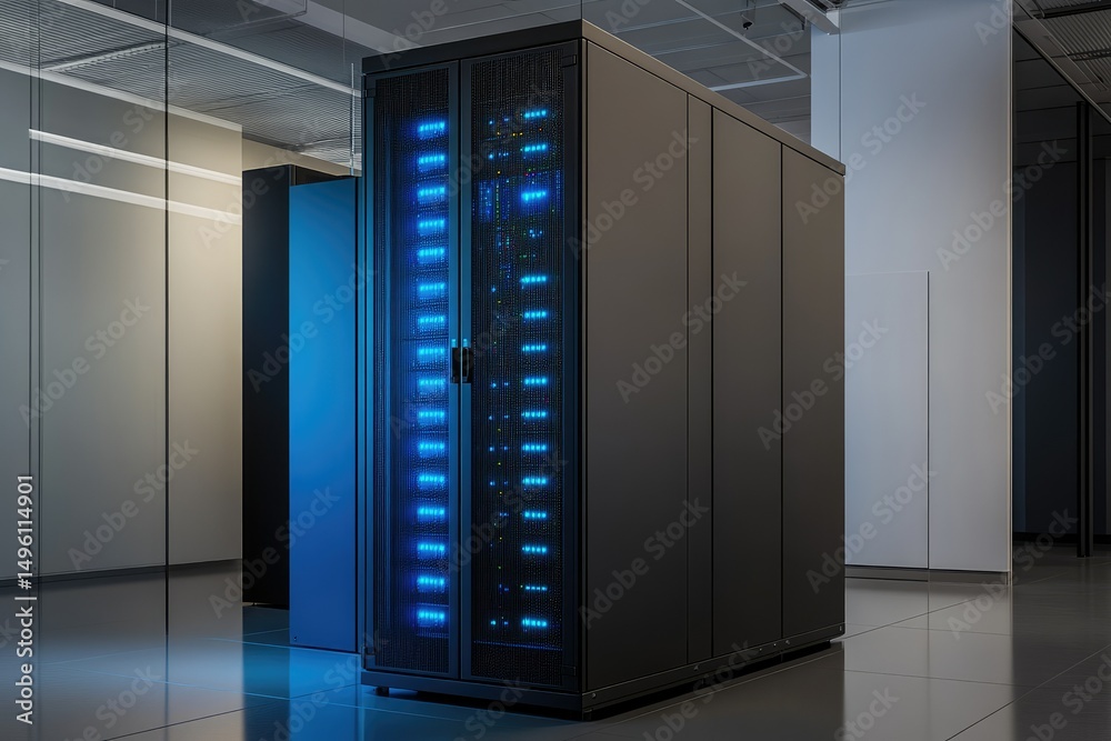 A modern data center server rack with illuminated internal components, showcasing advanced technology and infrastructure. A modern data center server rack with illuminated internal components, showcasing advanced technology and infrastructure.