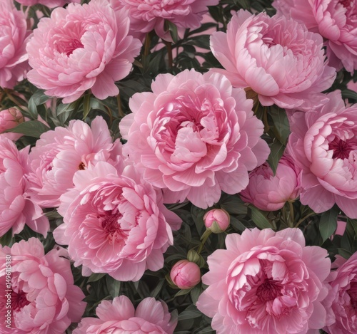 Dense cluster of pink peonies, soft pink backdrop,  floral,  nature,  garden