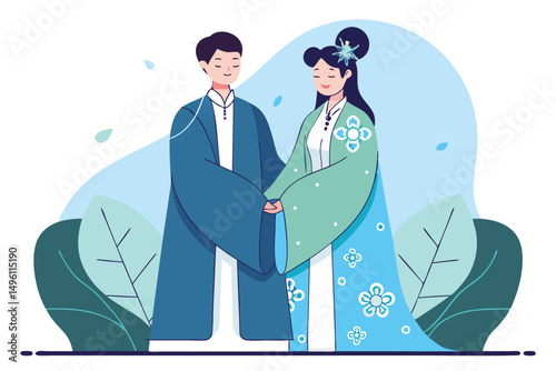 Traditional Japanese couple vector illustration, ideal for travel blogs, cultural projects, and event flyers