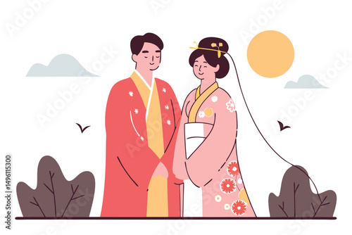 Japanese couple in traditional kimono, elegant vector illustration, perfect for cultural designs, weddings, and Asian themes