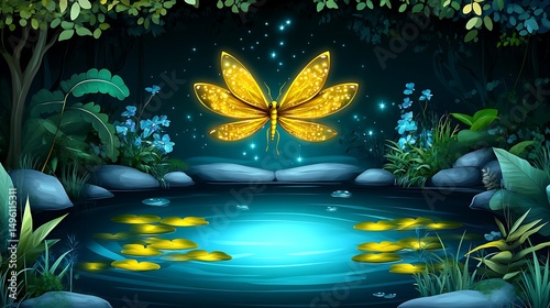 Golden Dragonfly Night Pond Fantasy.