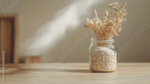 Oat flour in a minimalist glass jar on a light wood surface photo