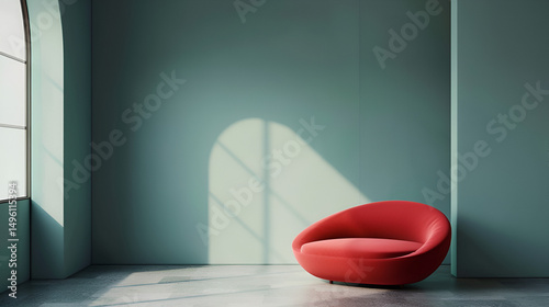 Red round sofa in a minimalist room with soft light from a large window casting shadows on the wall